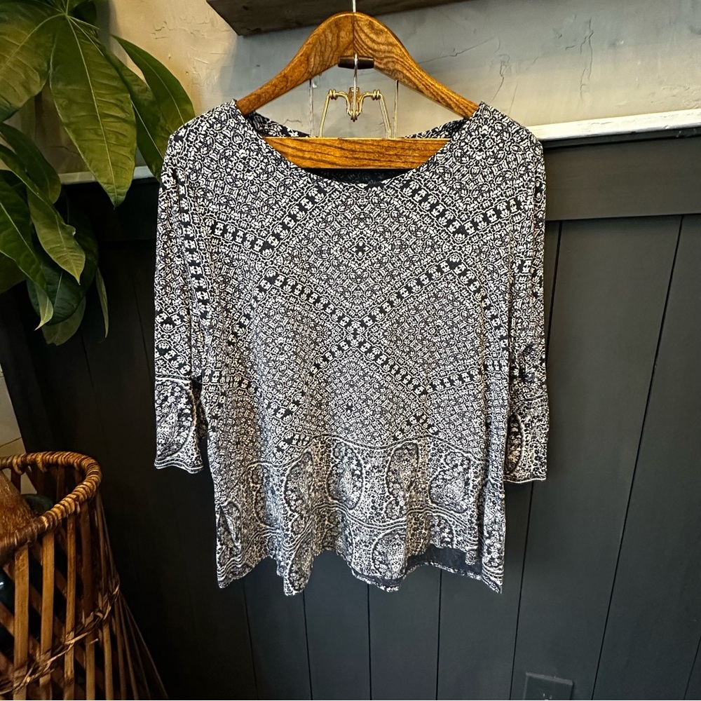 Lucky Brand Tunic Top Navy White Paisley Shirt 3/4 Sleeve size 3X‎